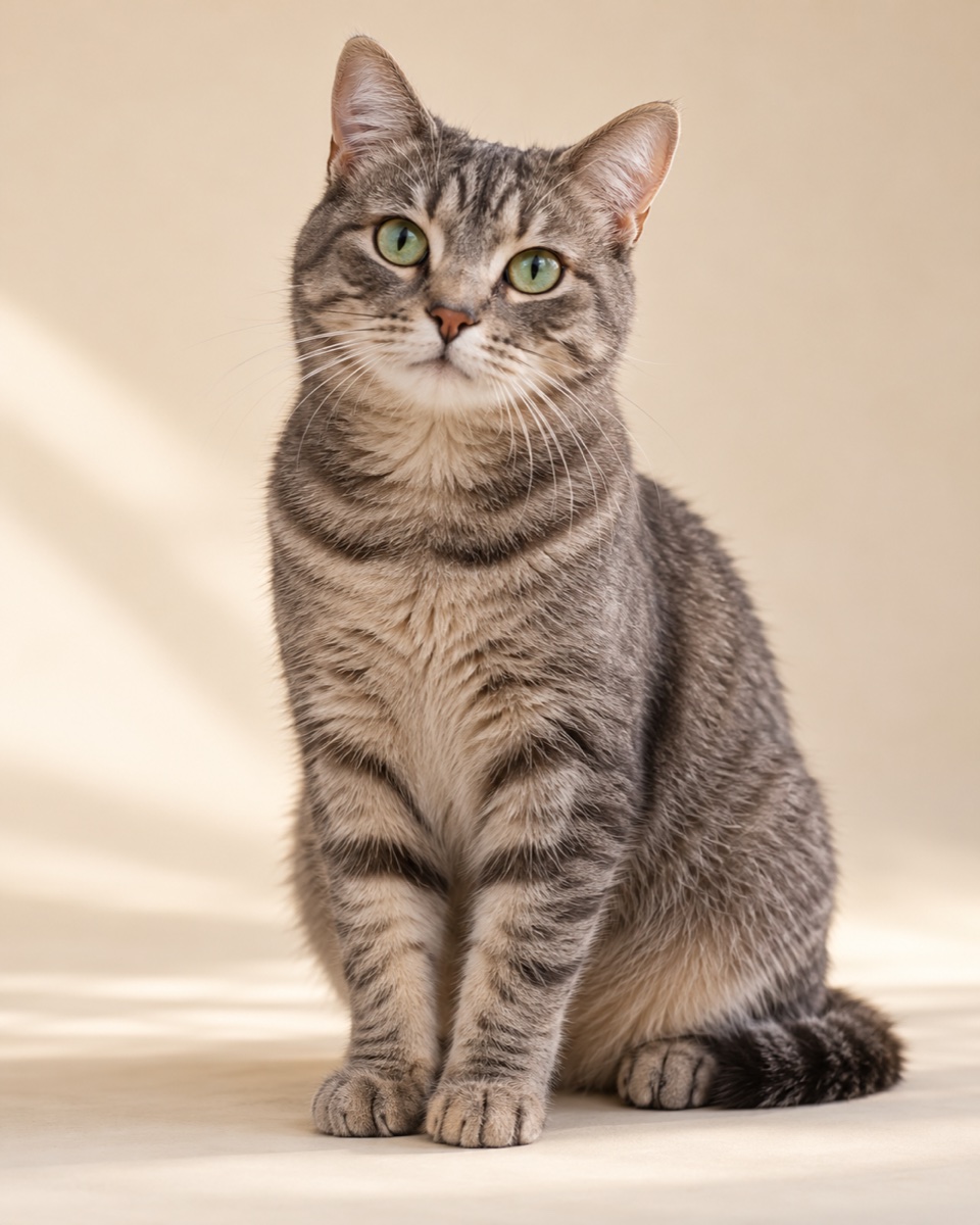 Illustrative relaxed gray tabby cat, not a client pet